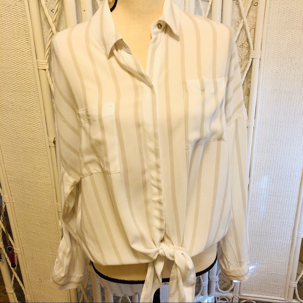Maeve Ivory Tie Front Neutral Stripe Blouse Medium